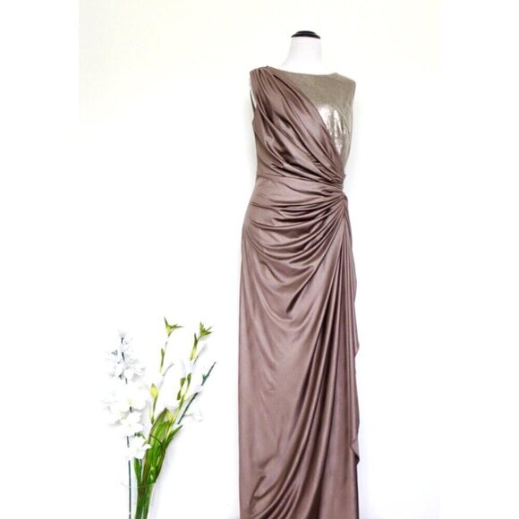 TADASHI SHOJI Sleeveless Jersey Stretch Sequin Dress Gown Draped Ruched SZ M - Picture 4 of 10